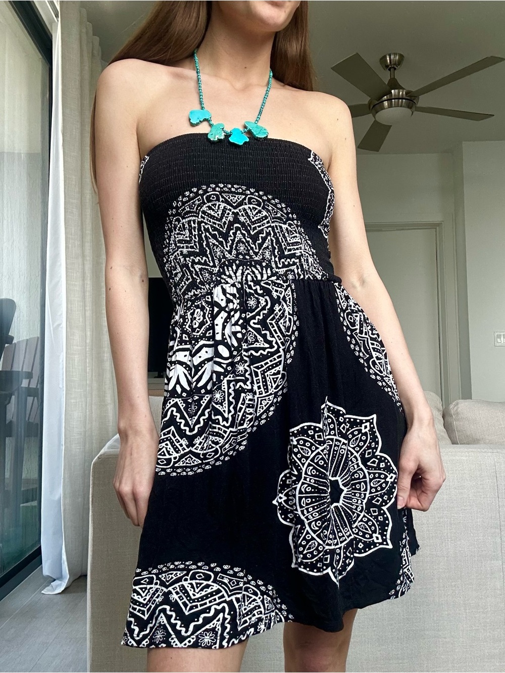 VENUS Black & White Strapless Printed Sundress